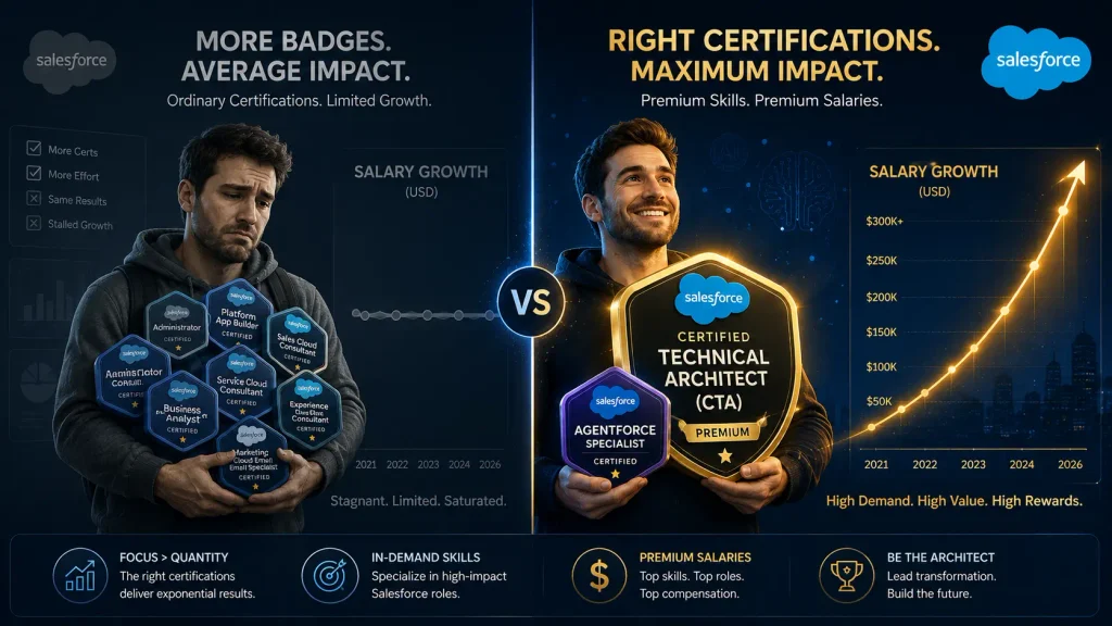 Which Salesforce Certification is Best for Salary in 2026? (Highest-Paying Options Compared) 5 More certifications isn’t always better, focused, high-impact credentials deliver stronger salary growth