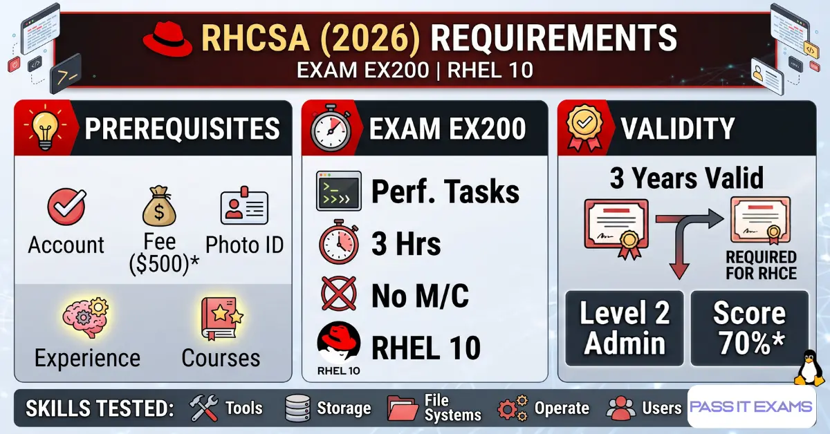 RHCSA Exam x200 requirements RHCSA Certification Requirements 2026: Full Guide