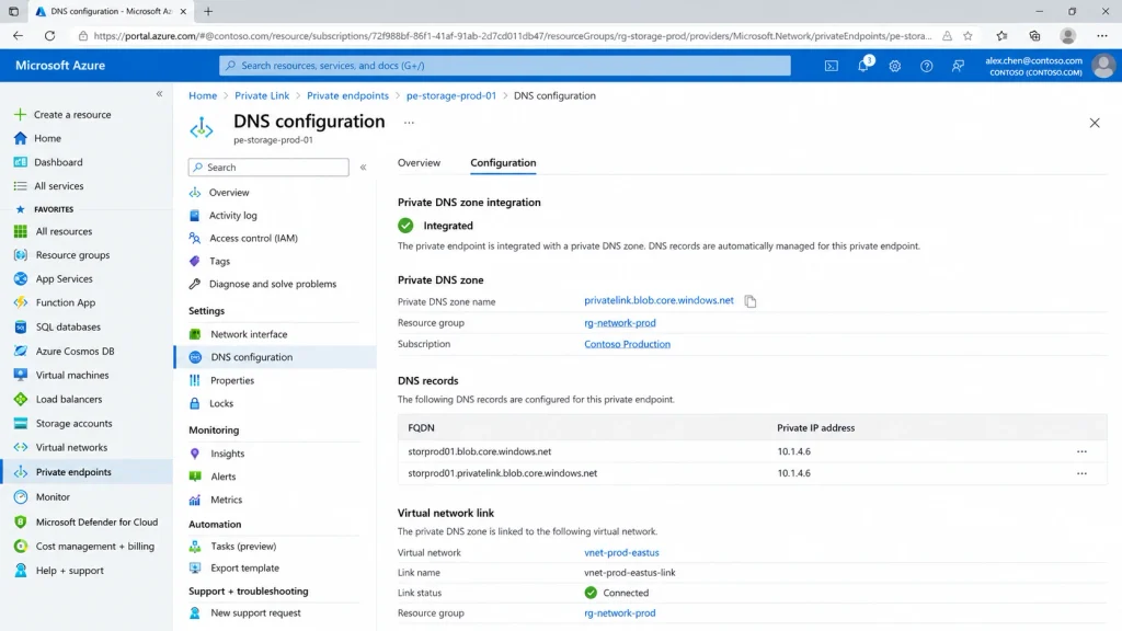 AZ-104 Practice Tests, Labs & Hands-On Practice 2026 7 Detailed view of the DNS configuration settings for an Azure Private Endpoint, including private DNS zone integration and FQDN-to-private-IP mapping.