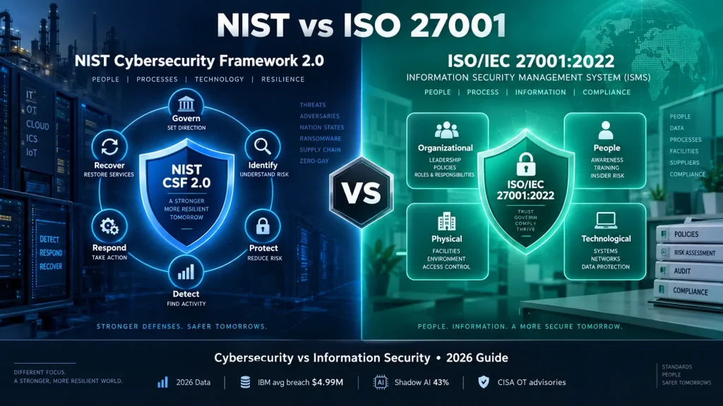 Cybersecurity vs Information Security: NIST vs ISO Standards Explained (2026 Guide)
