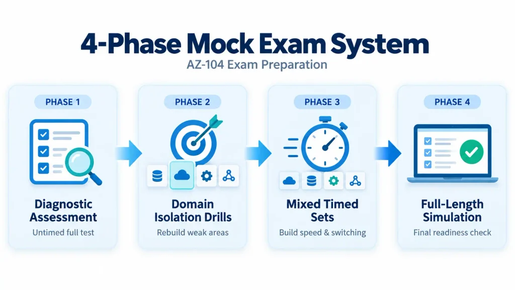 AZ-104 Practice Tests: How to Prepare With Mock Exams (2026 Strategy) 3 Stop randomly grinding questions. Follow this 4-phase system for AZ-104 mock exams — diagnostic, domain drills, timed sets, and full simulations — so you know exactly when you’re ready.