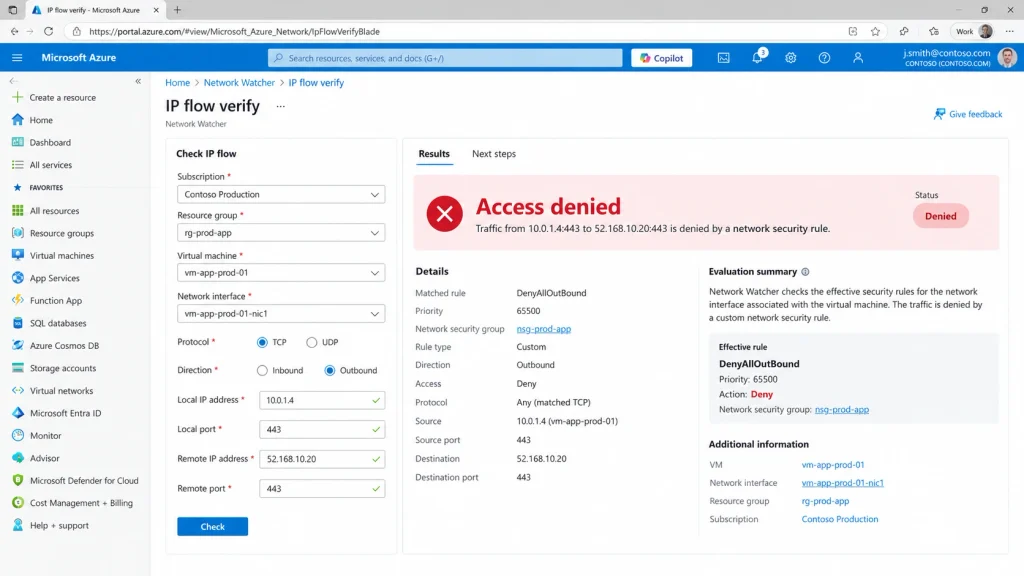 AZ-104 Practice Tests, Labs & Hands-On Practice 2026 5 Screenshot of Azure Network Watcher IP flow verify showing a blocked traffic flow with the exact NSG rule that denied the connection. Essential for troubleshooting NSG issues.