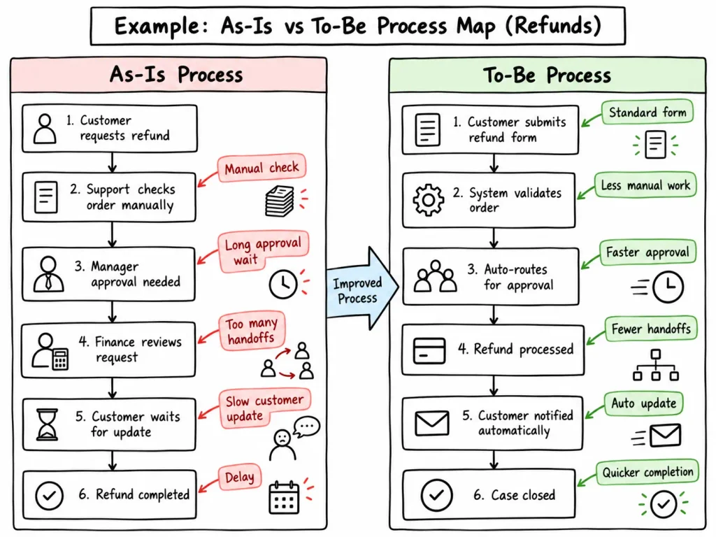 A process map shows who does what, in what order, and where handoffs and delays happen. Learn two levels: the As-Is map (how things work today, including workarounds) and the To-Be map (the improved version).