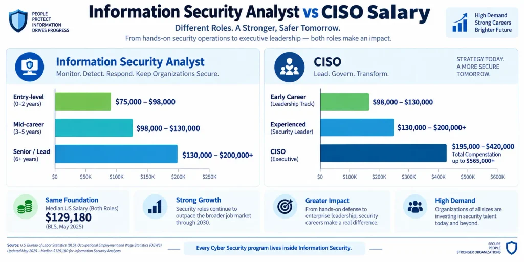 Difference Between Cybersecurity and Information Security: 2026 Complete Guide 2 Cyber Security vs Information Security Analyst: Roles, Salaries, and Career Paths